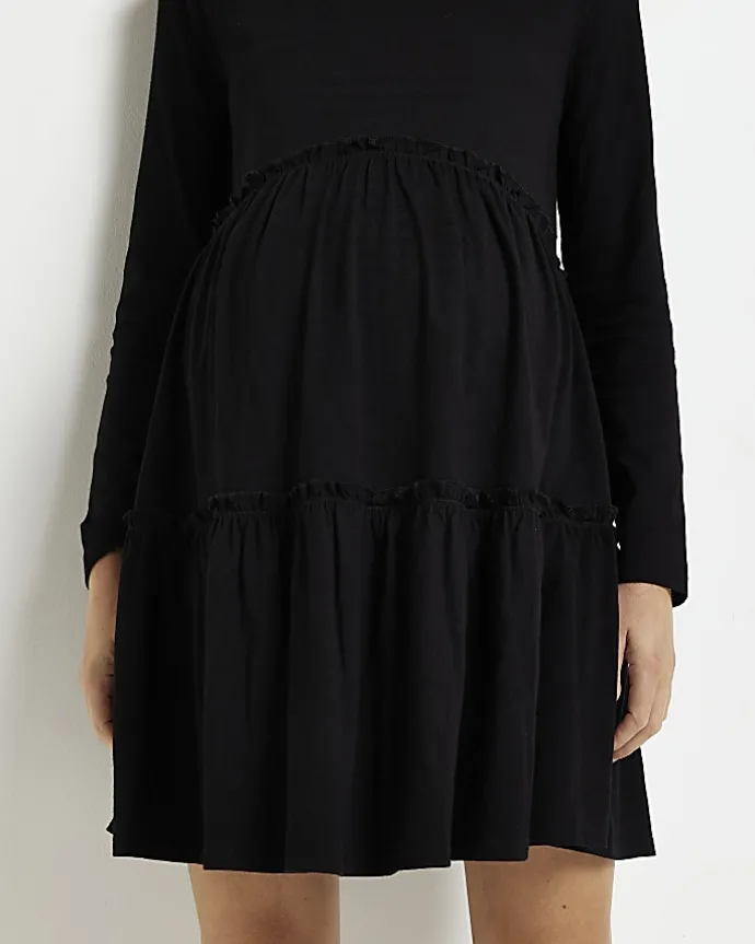Maternity black long sleeve frill mini dress