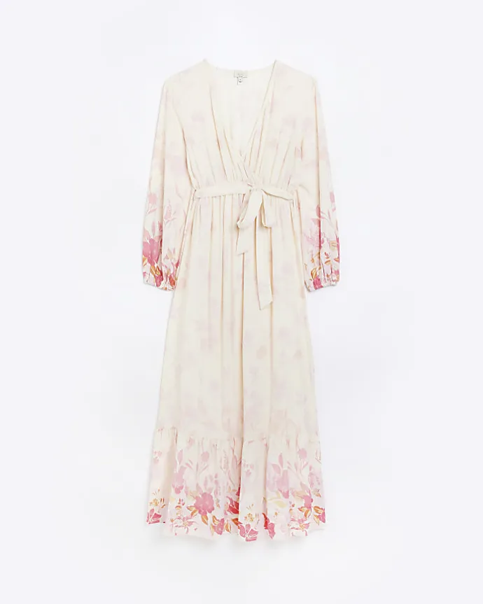 Maternity pink front wrap floral maxi Dress
