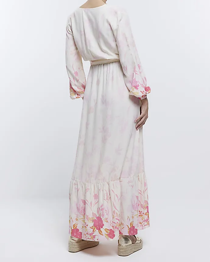 Maternity pink front wrap floral maxi Dress