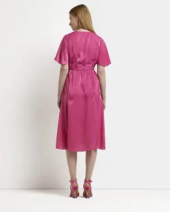 Maternity pink satin wrap midi dress