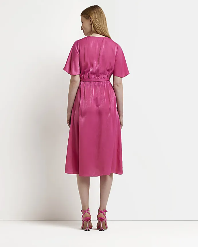 Maternity pink satin wrap midi dress