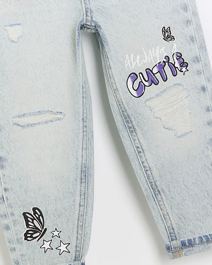 Mini girls blue graffiti mom jeans