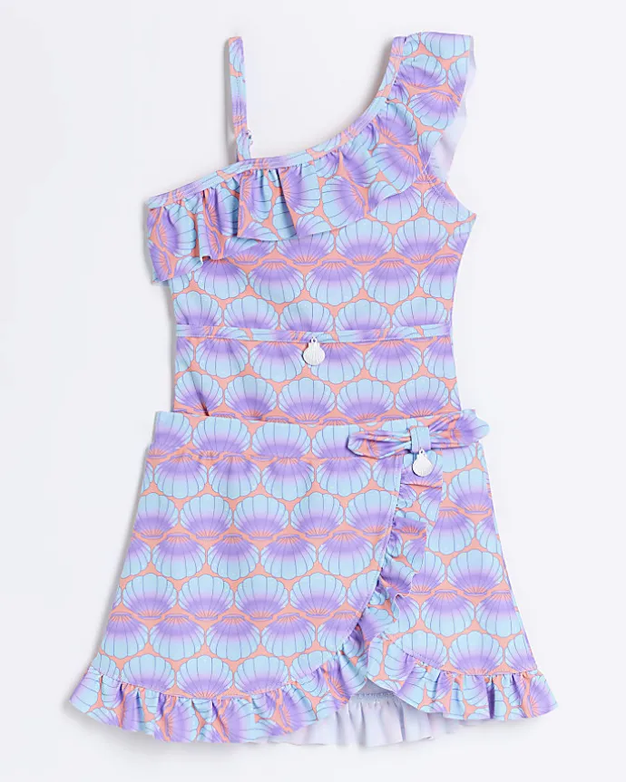 Mini girls coral shell swimsuit and skirt set