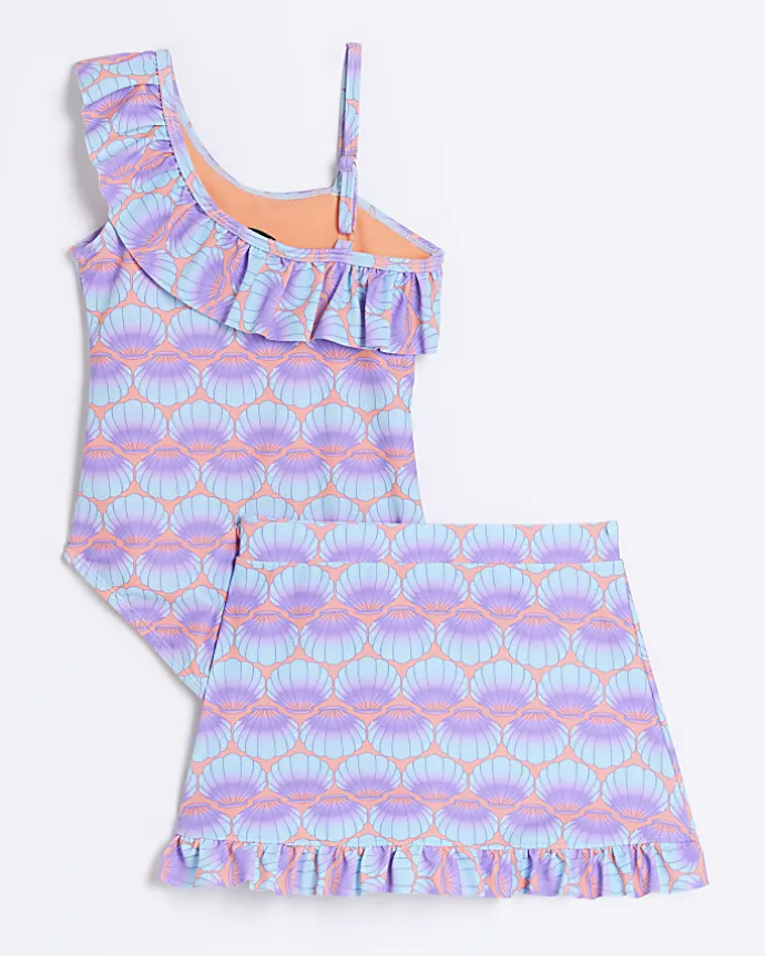 Mini girls coral shell swimsuit and skirt set