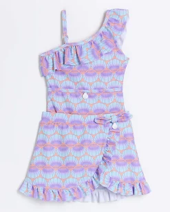 Mini girls coral shell swimsuit and skirt set