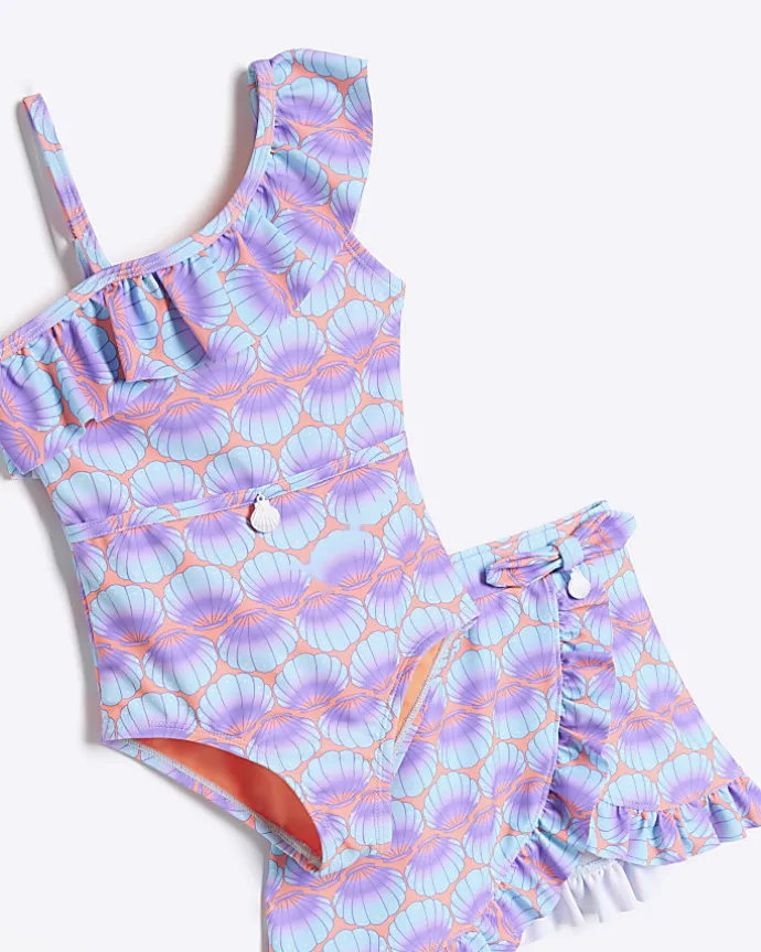 Mini girls coral shell swimsuit and skirt set