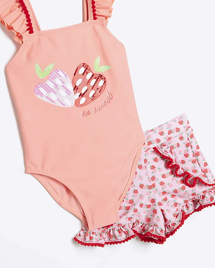 Mini girls coral strawberry swimsuit set