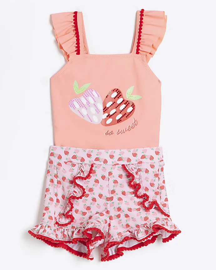 Mini girls coral strawberry swimsuit set