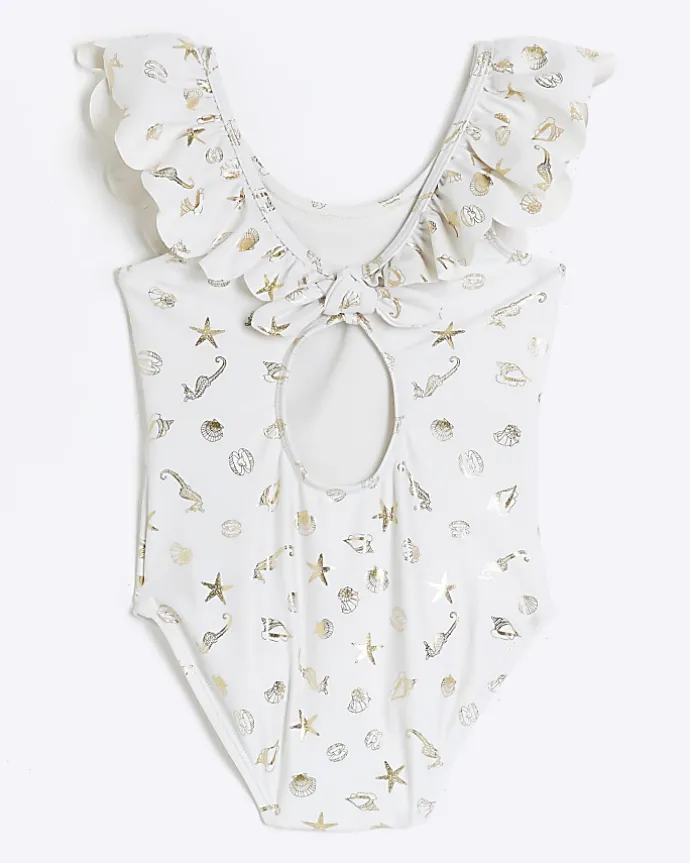 Mini girls cream shell frill swimsuit