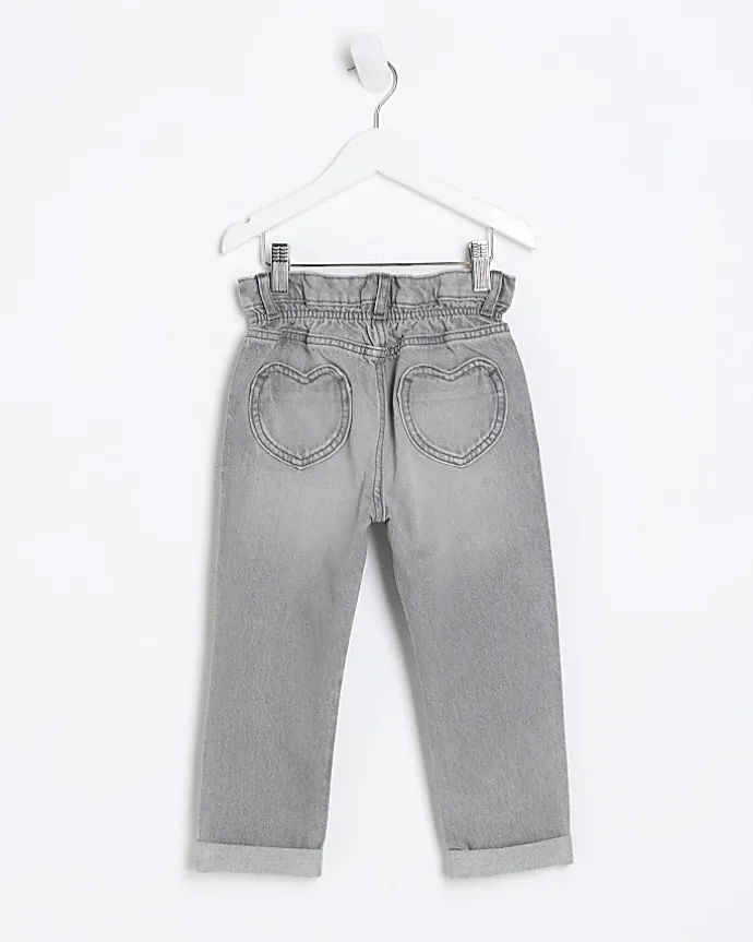 Mini girls grey heart pocket paperbag jeans
