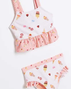 Mini girls pink ice cream frill bikini set