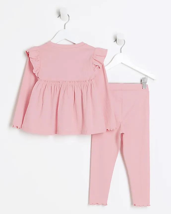 Mini girls pink rib peplum top set