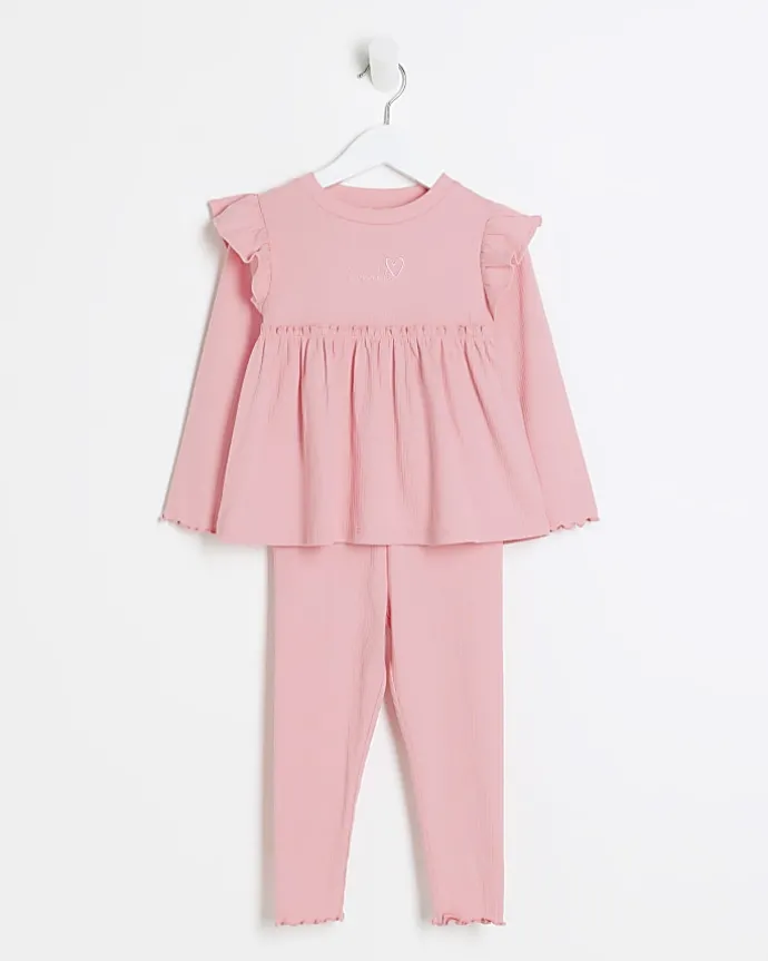 Mini girls pink rib peplum top set