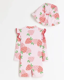 Mini girls pink strawberry swimsuit set