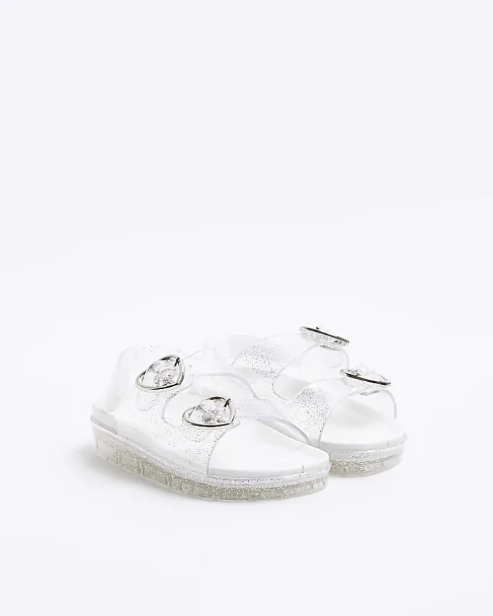 Mini girls silver glitter heart jelly sandals
