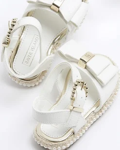Mini girls white pearl trim bow sandals