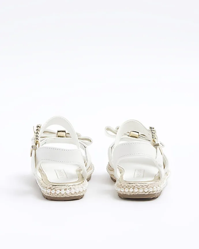 Mini girls white pearl trim bow sandals