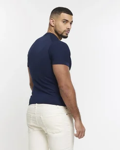 Navy muscle fit brick knit t-shirt