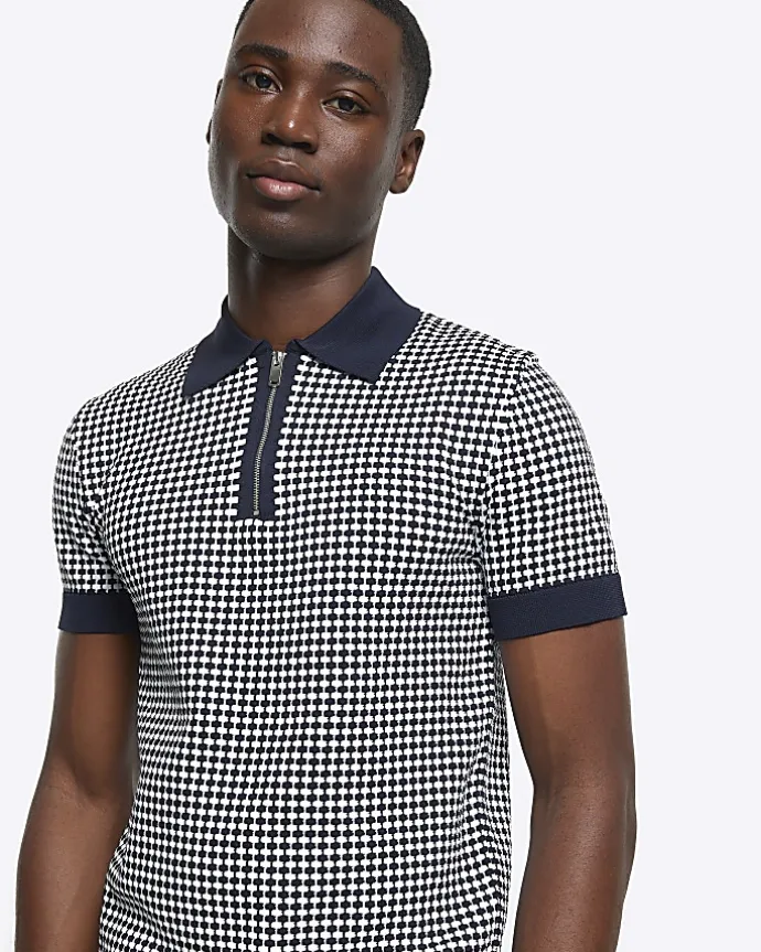 Navy muscle fit geo polo t-shirt