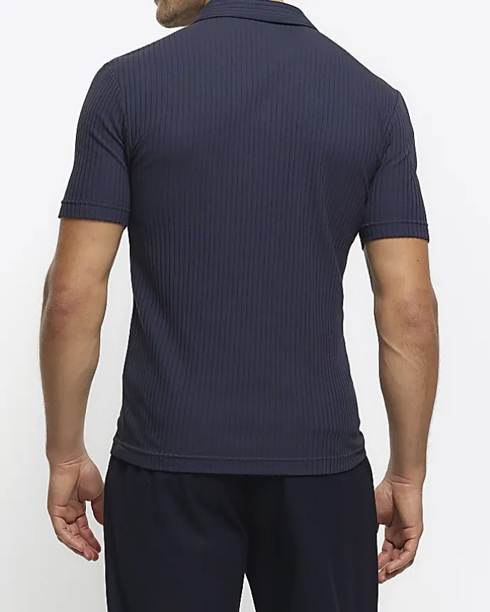Navy muscle fit rib open collar polo