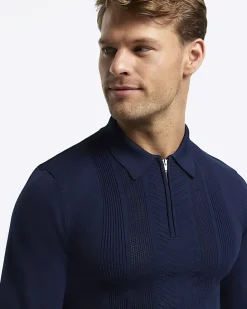 Navy muscle textured knit long sleeve polo