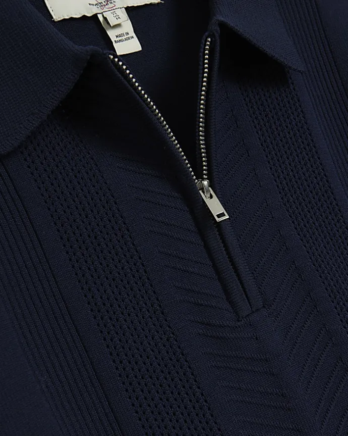 Navy muscle textured knit long sleeve polo