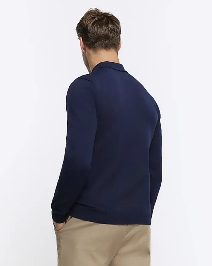Navy muscle textured knit long sleeve polo