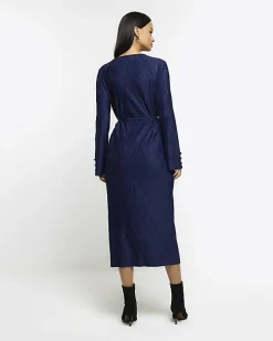 Navy plisse belted bodycon mini dress
