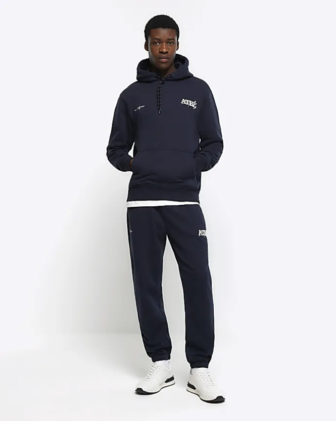 Navy regular fit embossed graphic hoodie