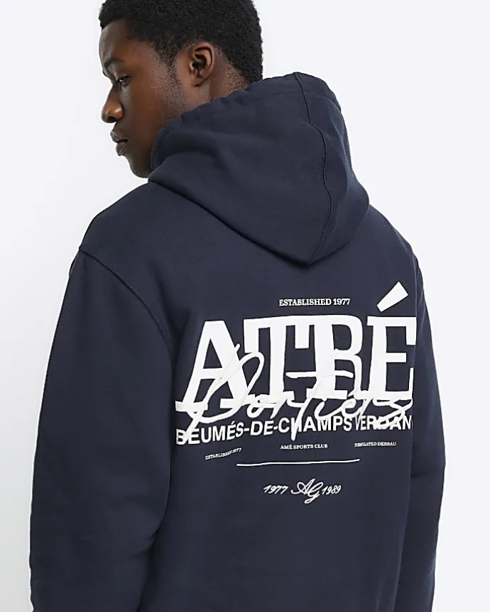 Navy regular fit embossed graphic hoodie
