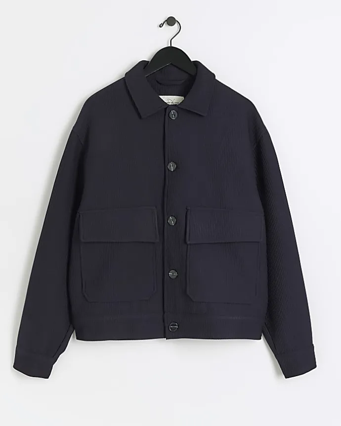 Navy regular fit plisse harrington jacket