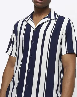 Navy regular fit stripe revere shirt