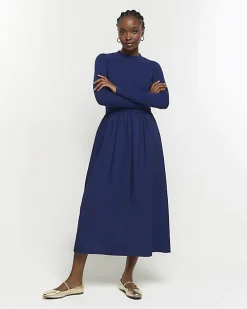 Navy rib long sleeve smock midi dress