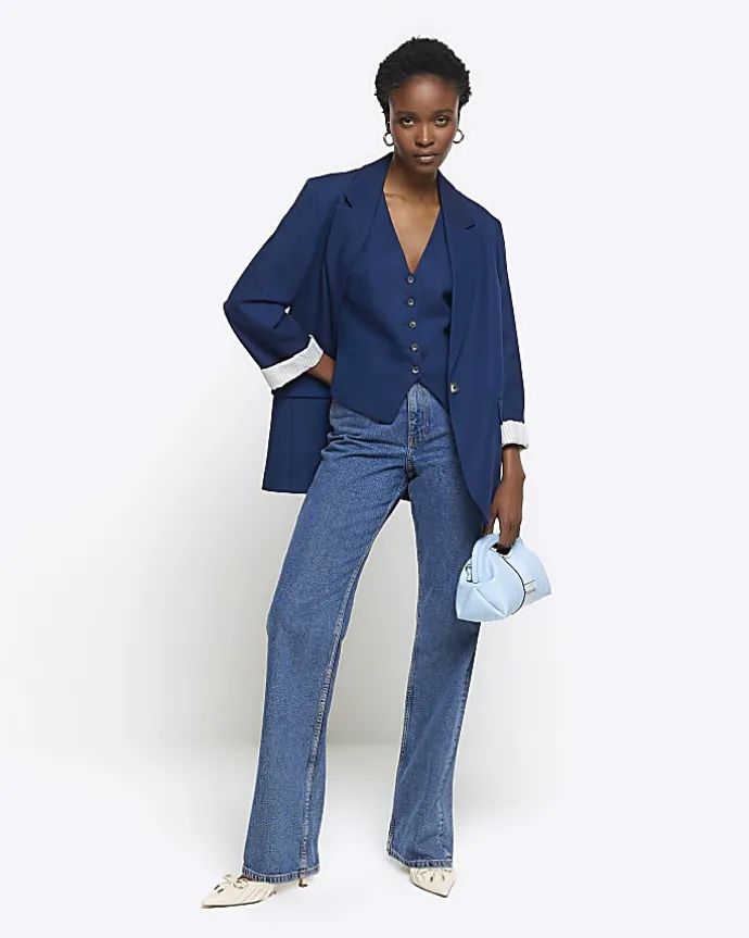 Navy rolled sleeve relaxed blazer