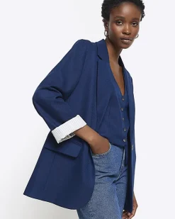 Navy rolled sleeve relaxed blazer