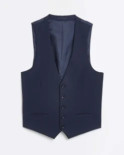 Navy skinny fit twill suit waistcoat
