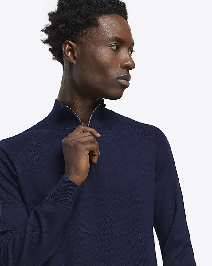 Navy slim fit half zip jumper