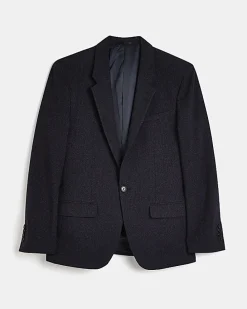Navy slim fit textured suit jacket