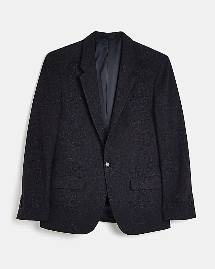 Navy slim fit textured suit jacket