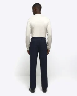 Navy slim fit textured suit trousers