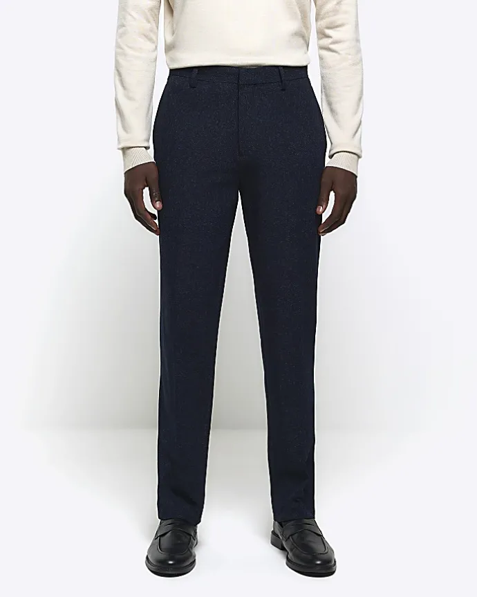 Navy slim fit textured suit trousers