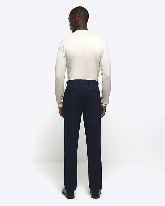 Navy slim fit textured suit trousers