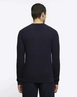 Navy slim fit waffle texture jumper