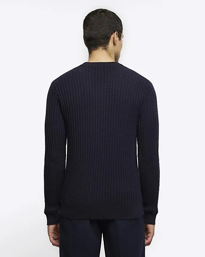 Navy slim fit waffle texture jumper