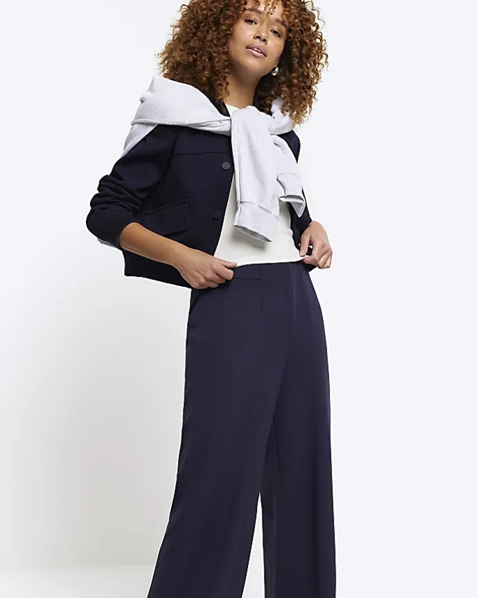 Navy Stitched Wide Leg Trousers