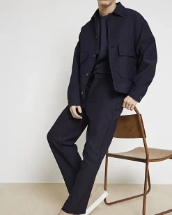 Navy tapered fit plisse smart trousers