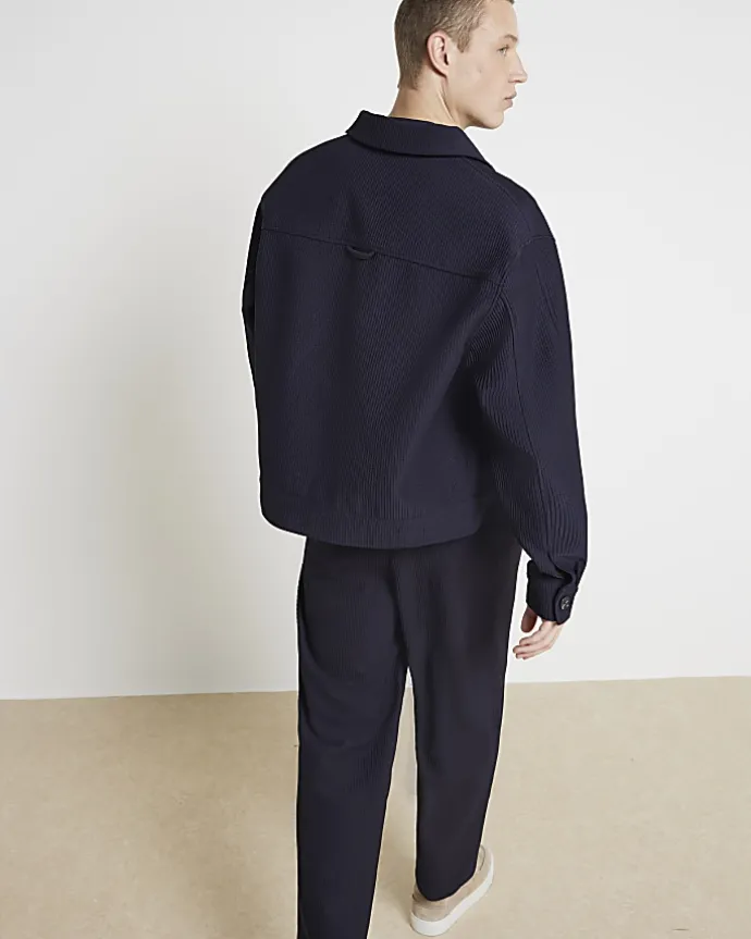 Navy tapered fit plisse smart trousers