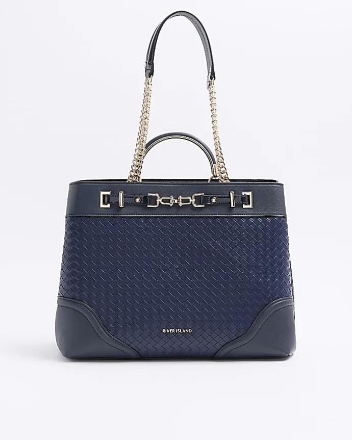 Navy woven chain tote bag