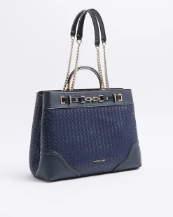 Navy woven chain tote bag