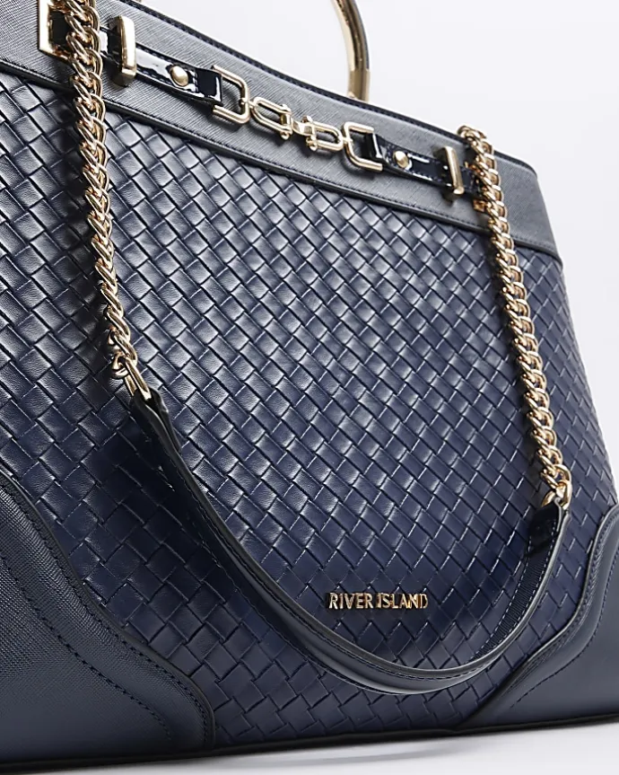 Navy woven chain tote bag